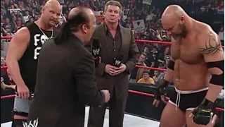 Goldberg accidently spears  Stone Cold  after brutally spearing Heyman  Raw full hd
