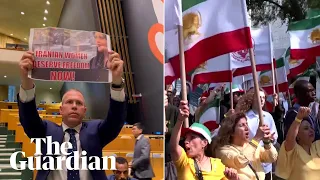 Protests at United Nations headquarters while Ebrahim Raisi addresses delegates