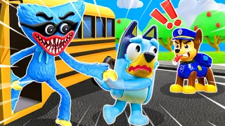 Bingo and Bluey Escape From The Bus Thief With The Help Of The PAW Patrol | Pretend Play Bluey Toys