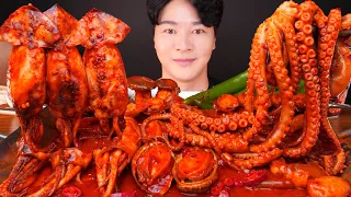 ASMR MUKBANG | SPICY SEAFOOD BOIL OCTOPUS ABALONE SQUID & MUSHROOMS EATING SOUNDS 먹방
