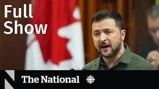 CBC News: The National | Zelenskyy in Canada, Officer killed, Unicorn skydiver