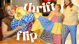 THRIFT FLIP + BIG NEWS | diy patchwork dress & mens checked pants clothing transformation|WELL-LOVED