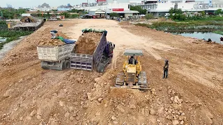 Wonderful Project Updating Driver Dump Truck & D31P Bulldozer Pushing Soil Into water Huge Lake