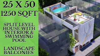 25X50 Feet Split Level House with Double Height Landscape Balconies & Pool at Rooftop | ID-054