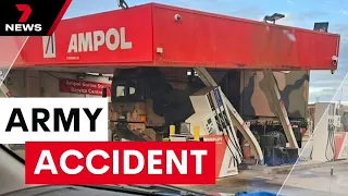 Australian Army truck drives through a service station roof | 7 News Australia