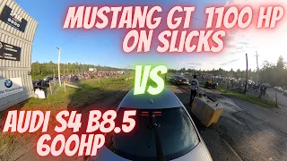 Drag Race Mustang GT Supercharged 1100hp on Slicks VS Audi S4 b8.5 600hp (360 camera)