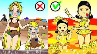 OMG! Play Safe At The Beach - Rich Squid Game VS Poor Rapunzel | DIY Paper Dolls & Cartoon