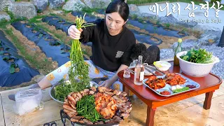 Real Mukbang:) Korean BBQ! Grilled pork belly with water parsley & Soju ☆ Fried rice