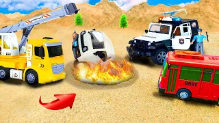 Rescue the truck from the pit with excavator and crane truck | Police car toy stories | Mega Trucks