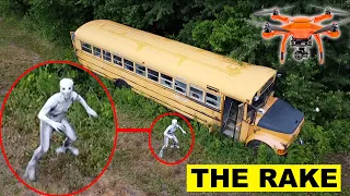 YOU WONT BELIEVE WHAT MY DRONE CAUGHT AT THE ABANDONED HAUNTED SCHOOL BUS | THE RAKE CAUGHT ON DRONE