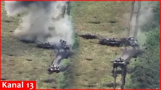 Russian tank convoy drives over minefield - Ukrainian army parades burning of Russian equipment