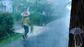 Super Heavy Rain Walk in Quiet Village | ASMR Rain Sounds for Sleeping 2 Hours