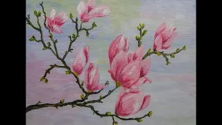 Jak namalować obraz "Kwitnąca magnolia" krok po kroku, zrelaksuj się i maluj razem ze mną!