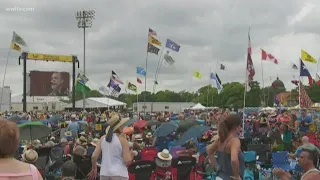 Jazz Fest flags fly high above the New Orleans fair grounds