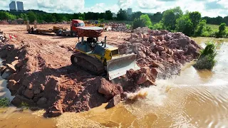 Old Project But Massive Lot Of Stone Clearing By Bulldozer KOMATSU D61EX Truck Unloading Stone