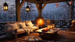 Relaxing Under The Winter Cabin Awning - Beautiful Relaxing Music With Crackling Fireplace