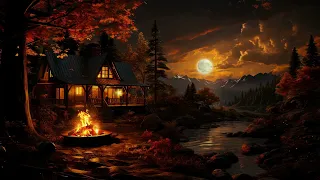 Cozy Autumn Night Scene with Natural Sounds, Crackling Fire, Water and Crickets