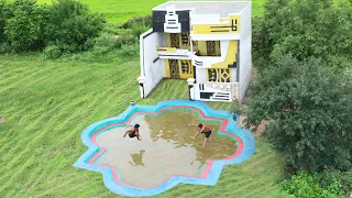 Building Beautiful Swimming Pool For Three Story Modern Survival House By Primitive Technologically