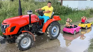 Папа на тракторе спасает Софию и Макса | Dad on tractor Saving kids cars from the mud