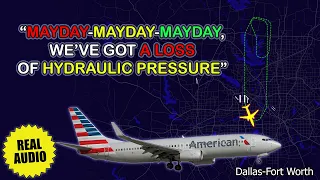 MAYDAY. Hydraulic failure after takeoff. American Boeing 737 stops on runway at Dallas. Real ATC