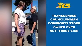 Transgender city councilwoman confronts Aberdeen store owner over controversial sign