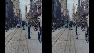 A trip down Market Street before the fire 1906...upscaled, colorized and 3D