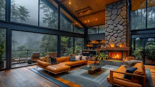 Cozy Rainy Day Ambiance - Forest Cabin Living Room with Fireplace Crackles and Nature Sounds 🌧️🔥