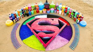 Experiment: How to make Rainbow Superman Logo with Orbeez, Giant Coca Cola, Mirinda, Fanta vs Mentos