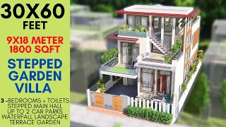 30X60 Feet, 1800 Sqft Stepped Garden, Villa with Waterfall Landscape | 9X15 Meter | ID-084