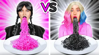 PINK VS BLACK FOOD BATTLE 🩷Eating Only One Color Food For 24 Hours🖤MUKBANG by 123 GO! DESAFIO