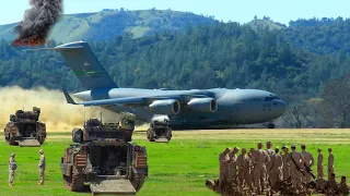 Landing and Takeoff of C-17 Globemaster III Transport Tank M1A2 Abrams, With Loud Engine Sounds