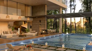 Relax in Luxury Cozy Villa View Swimming Pool In The Forest | Smooth Piano Jazz Music To Relax