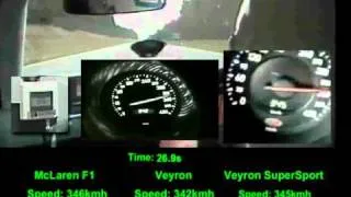 McLaren F1 vs Bugatti Veyron vs Veyron SuperSport acceleration from 325kmh
