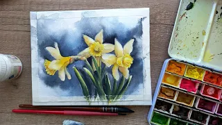 Рисуем НАРЦИССЫ акварелью - открытка акварелью на 8 марта. Как нарисовать цветы акварелью.