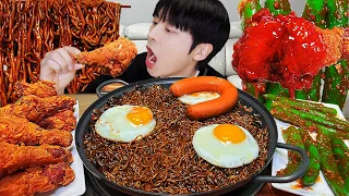 ASMR MUKBANG | Fried Chicken, black bean noodles, kimchi, sausage recipe eating sound !
