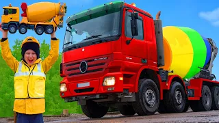 The Kids Play with a Colorful Concrete Mixer