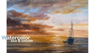 169. Watercolor sunset clouds, sea and boat painting process