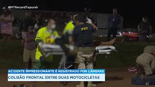 Acidente impressionante é registrado por câmeras: Colisão frontal entre duas motocicletas