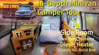 Minivan Camper In-Depth Tour | Side Room, Diesel Heater, Solar, Luxury Bed, and More!