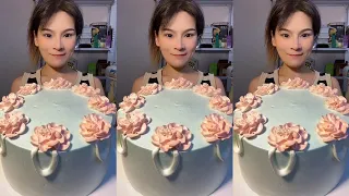 ASMR🍰Eating pink flower cream cake🍰 (soft and waxy sound)  크림 케ց 먹방 MUKBANG Satisfaction