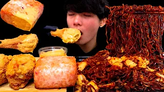 ASMR BLACK BEAN NOODLES, CHEESY SPAM, FRIED CHICKEN, KIMCHI (Eating Sound) | MAR ASMR