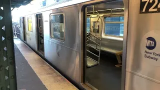 Flushing-Main Street bound R188 7 local train arriving and departing at Queensborough Plaza