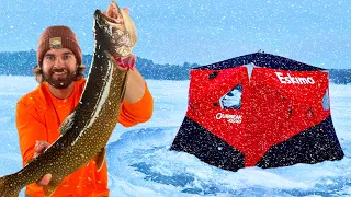 Ice Camping For Lake Trout During a Severe Snow Storm (Big Fish)