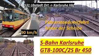 Im GT8-100C/2S der S-Bahn Karlsruhe von Ubstadt Ort nach Karlsruhe Hbf mit Sound und Vollgas 90 km/h