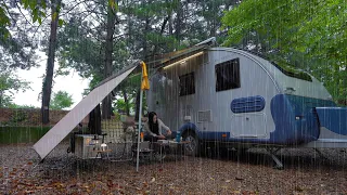 In a quiet, rainy forest, a cozy caravan and a small wood-burning stove