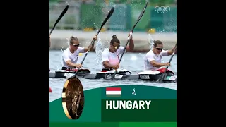 Hat trick for Hungary! HUN wins their third consecutive Olympic gold in the women's kayak four 500m