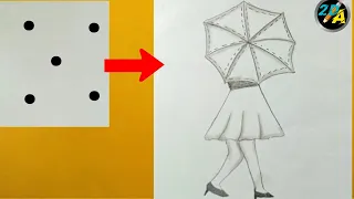 point how to turn five points into a girl drawing || How to draw a girl with umbrella | Drawing Dots