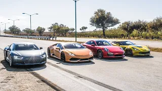 Forza Horizon 5 Drag race: Audi R8 V10 Plus vs Huracan vs Porsche 911 Turbo S vs Corvette C7 Z06