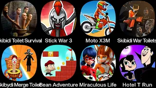 Stick War 3,Pop's World,Moto X3M,Hotel T Run,Happy Guts,Dye Hard,Skibidi Toilet Survival