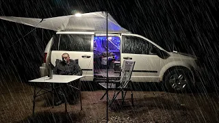 Car Camping in RAIN - New Off-Grid Setup | Van Camping in Rainstorm / Van Life